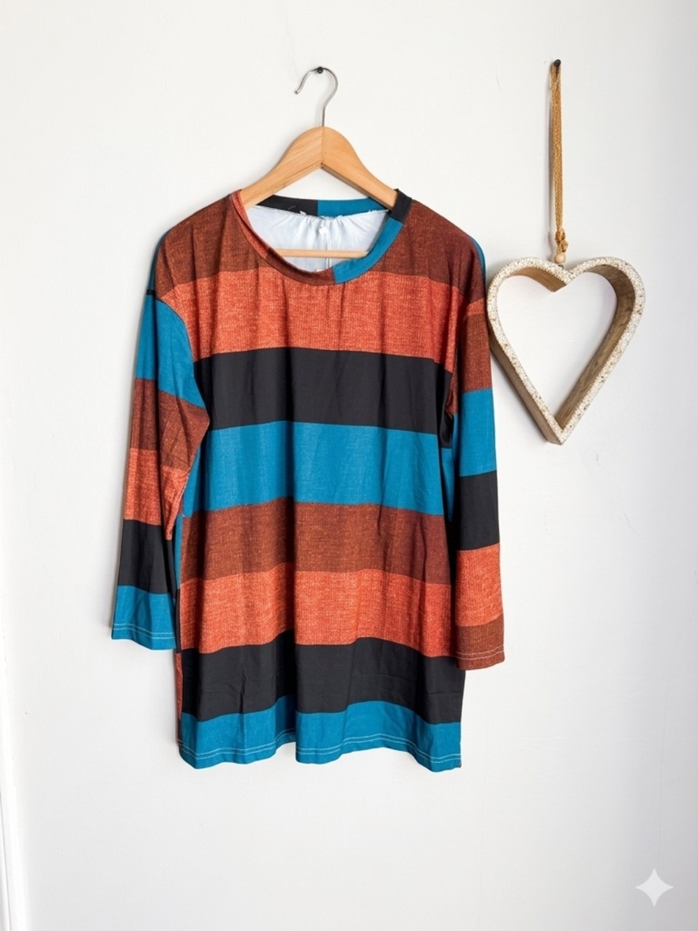 Colorblock Striped Tunic Top Rust Teal Black Long Sleeve Boho Casual Blouse 1X